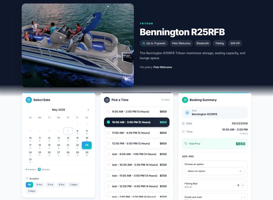 SpeedyDock boat rental software online booking interface